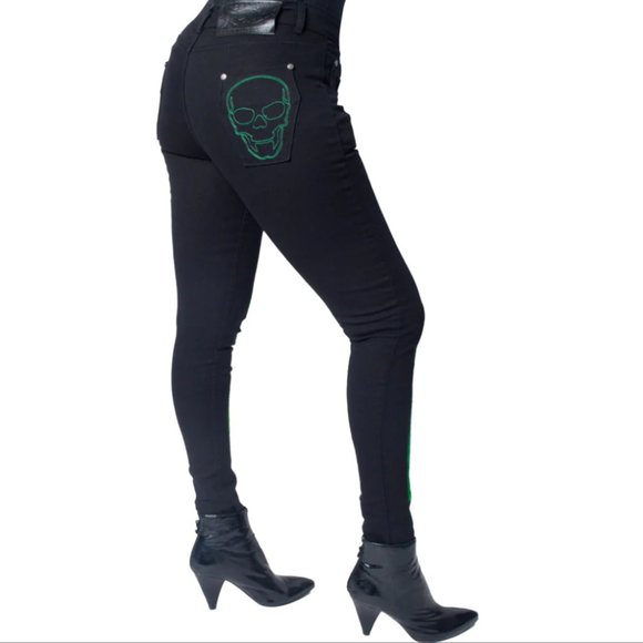 Women's Black Skinny Stretch Jeans Skeleton Bones Skull Coffin Pockets 26-40 NWT - Picture 4 of 5